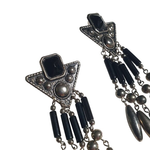 Vintage Long Dangle Earrings Black Silver Tone Geometric Western Jewelry Post - Picture 4 of 6